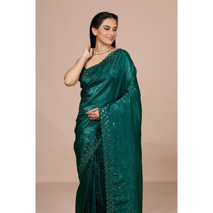 Aparnaa Onyx Green Fancy Crush Saree with Unstitched Blouse