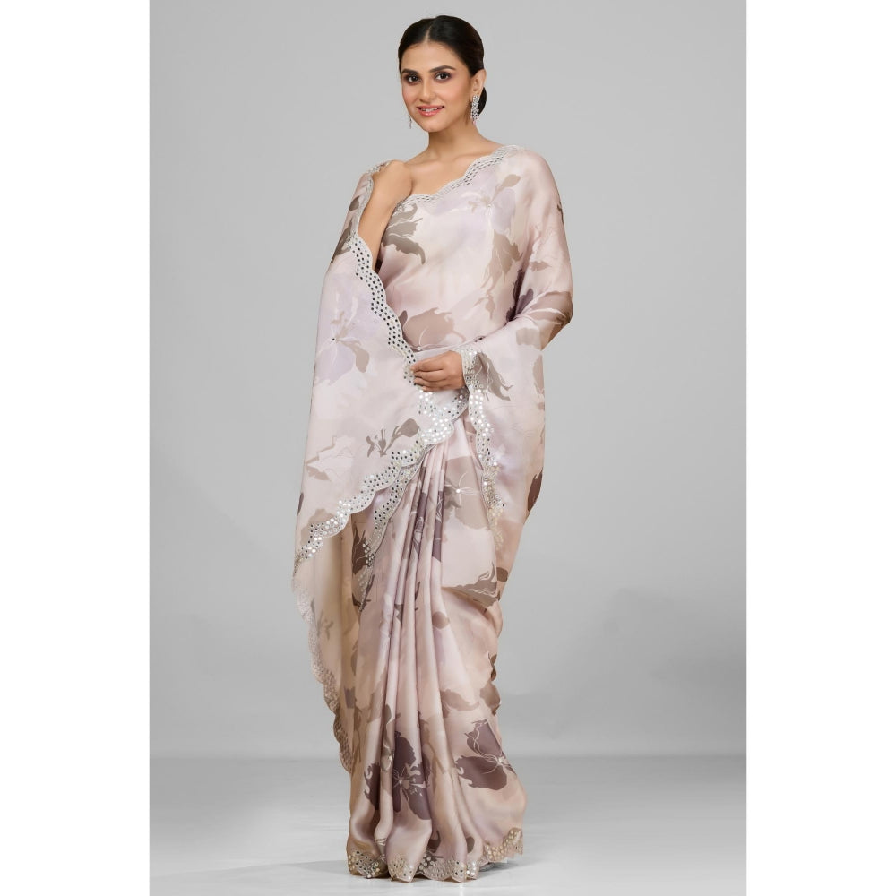 Aparnaa Off White Pastel Satin Georgette Printed Saree with Unstitched Blouse