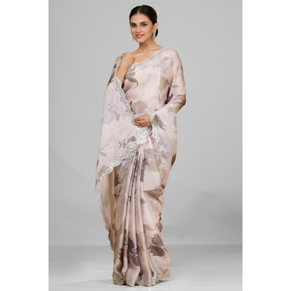Aparnaa Off White Pastel Satin Georgette Printed Saree with Unstitched Blouse