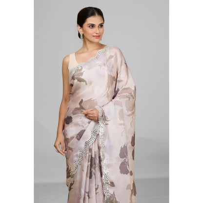 Aparnaa Off White Pastel Satin Georgette Printed Saree with Unstitched Blouse