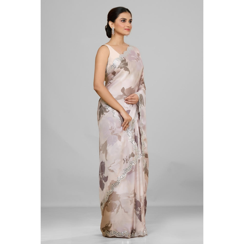 Aparnaa Off White Pastel Satin Georgette Printed Saree with Unstitched Blouse