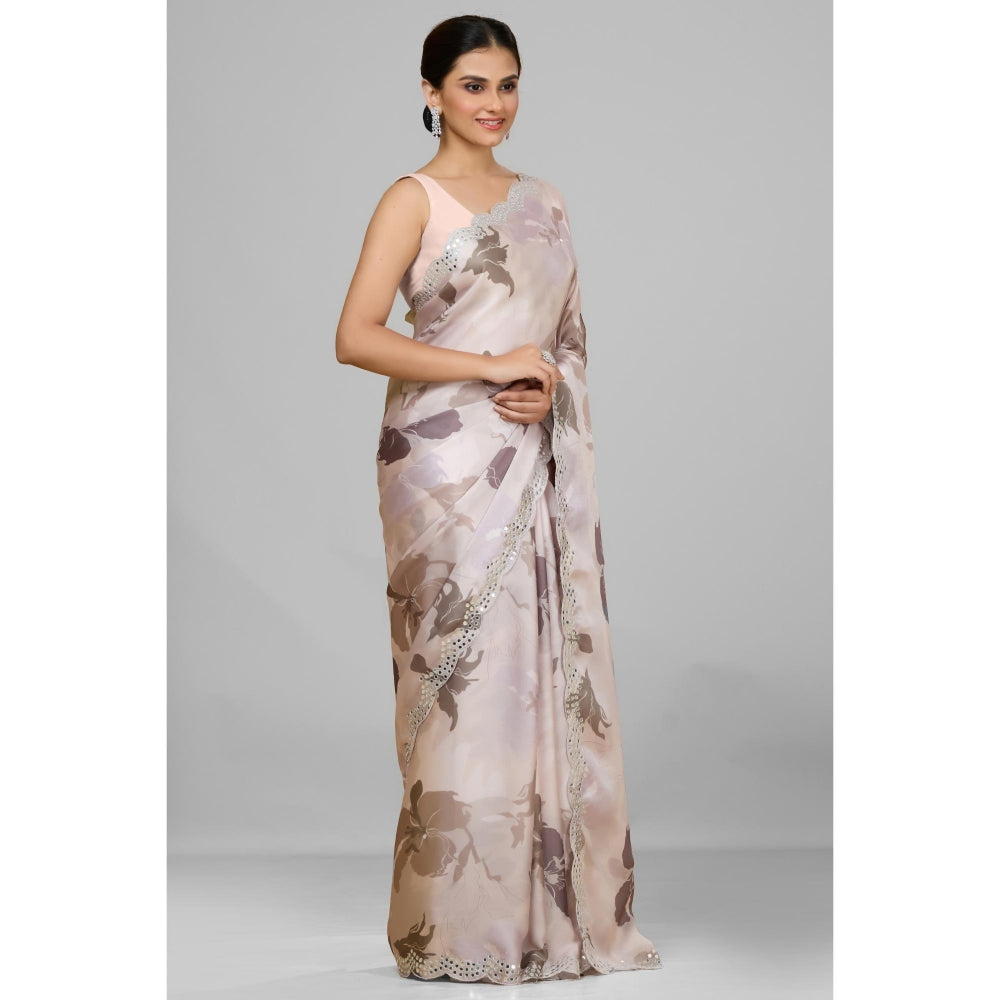 Aparnaa Off White Pastel Satin Georgette Printed Saree with Unstitched Blouse