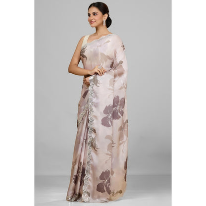 Aparnaa Off White Pastel Satin Georgette Printed Saree with Unstitched Blouse