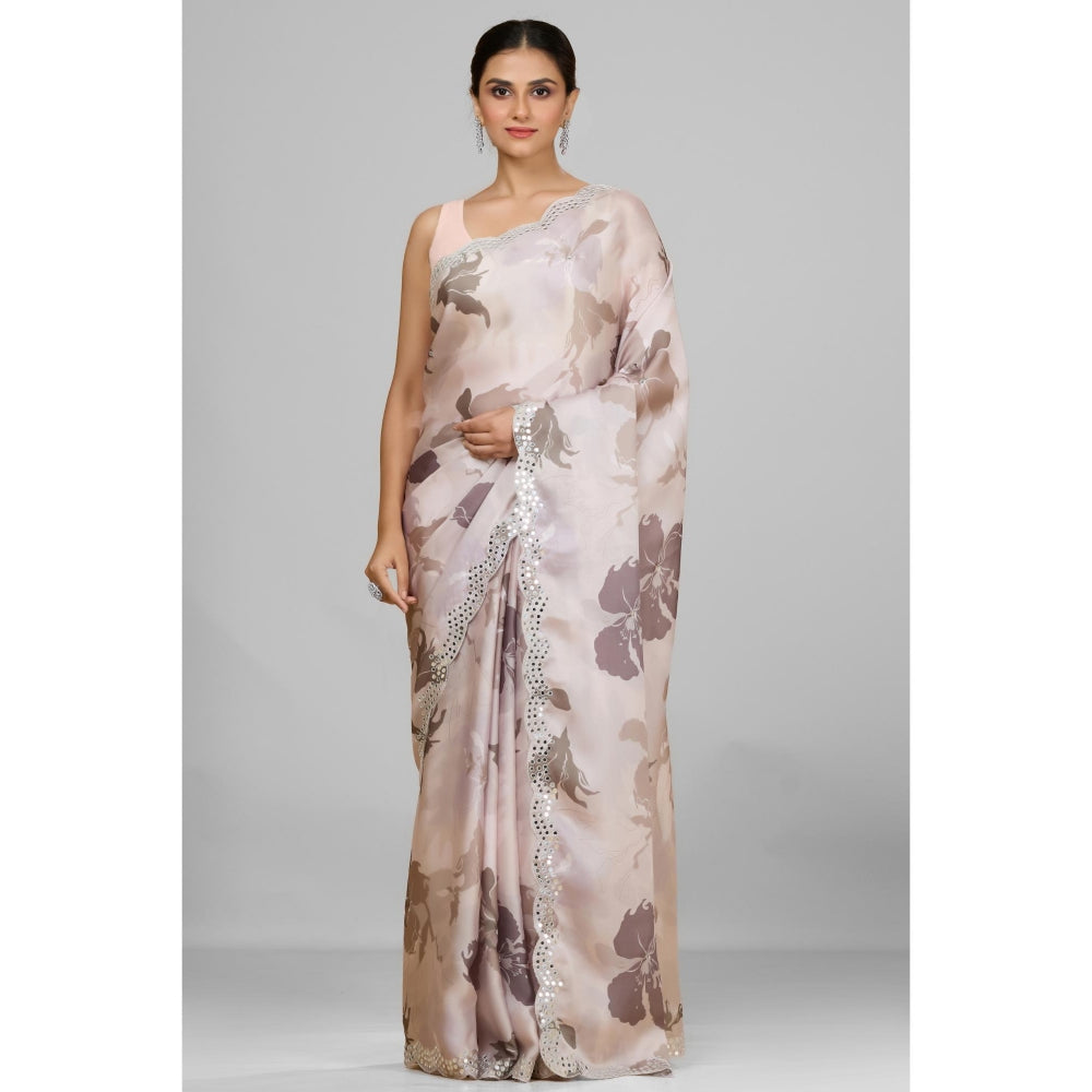 Aparnaa Off White Pastel Satin Georgette Printed Saree with Unstitched Blouse