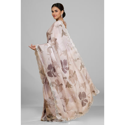 Aparnaa Off White Pastel Satin Georgette Printed Saree with Unstitched Blouse