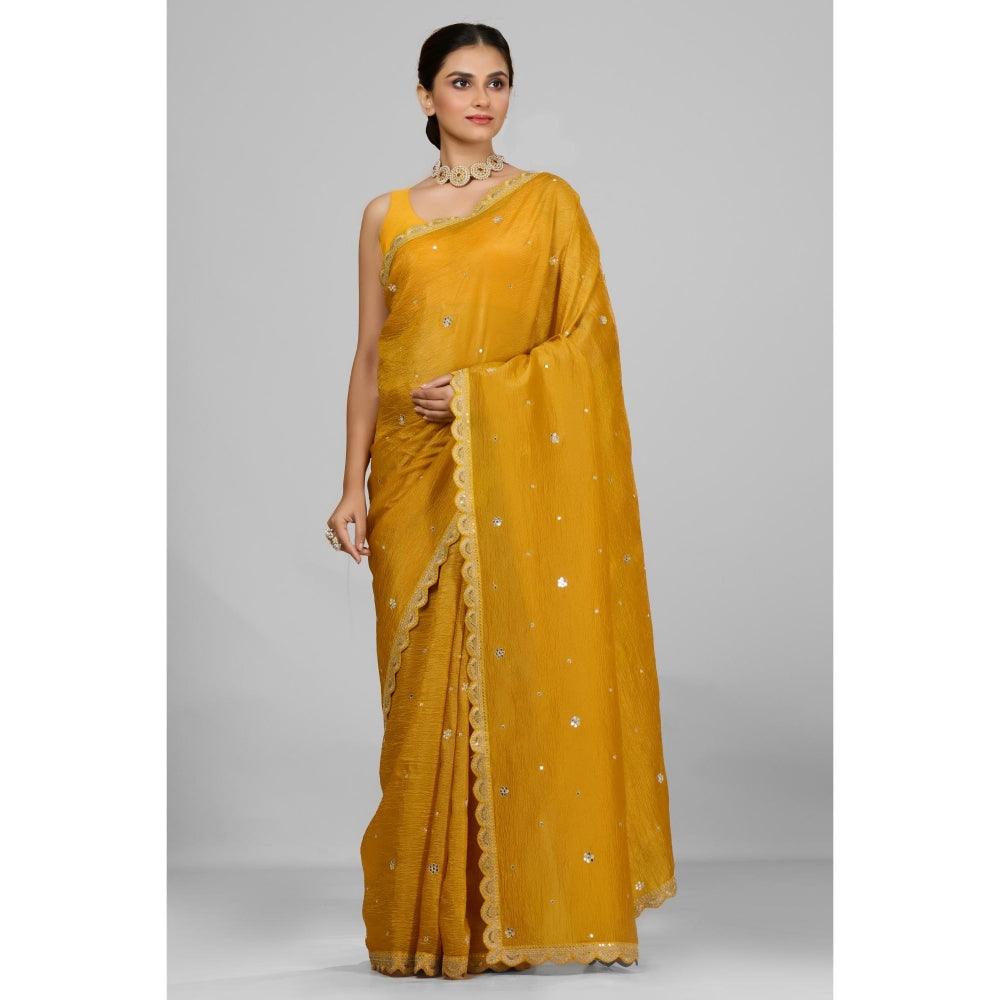 Aparnaa Mustard Crushed Saree with Unstitched Blouse