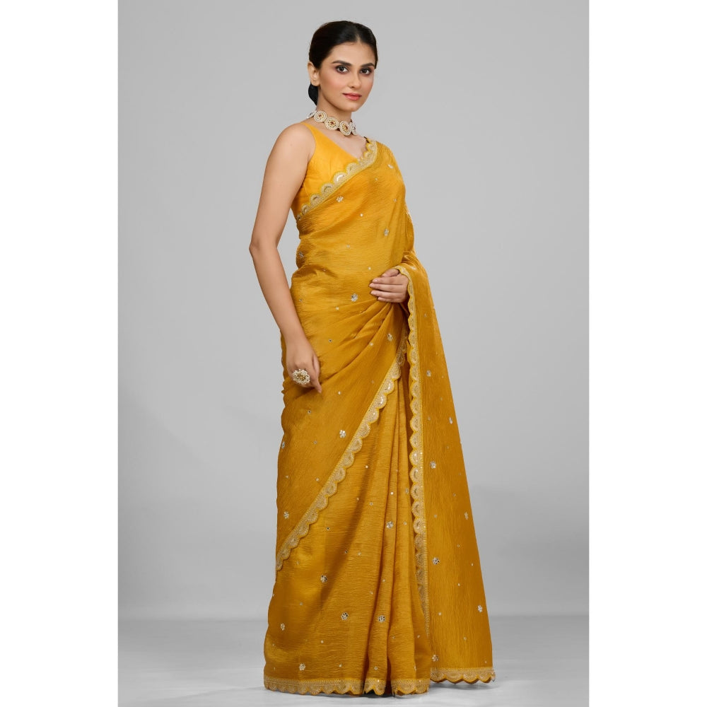 Aparnaa Mustard Crushed Saree with Unstitched Blouse
