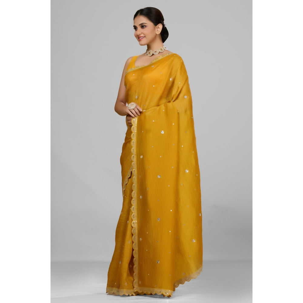 Aparnaa Mustard Crushed Saree with Unstitched Blouse