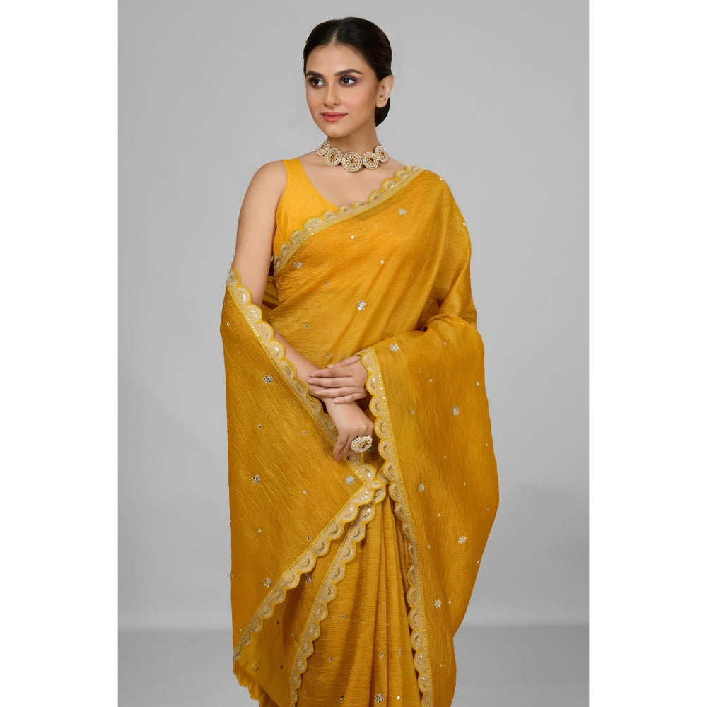 Aparnaa Mustard Crushed Saree with Unstitched Blouse