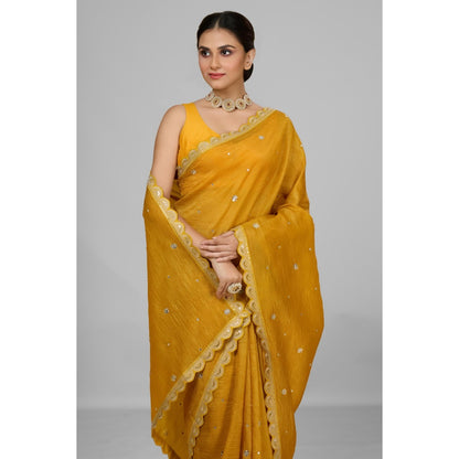 Aparnaa Mustard Crushed Saree with Unstitched Blouse