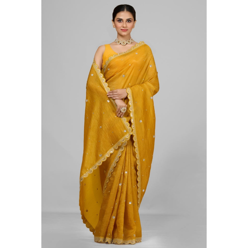 Aparnaa Mustard Crushed Saree with Unstitched Blouse