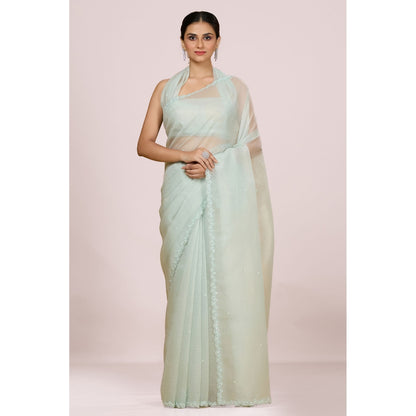 Aparnaa Pastel Blue Foil Crush Handwork Saree and Unstitched Blouse