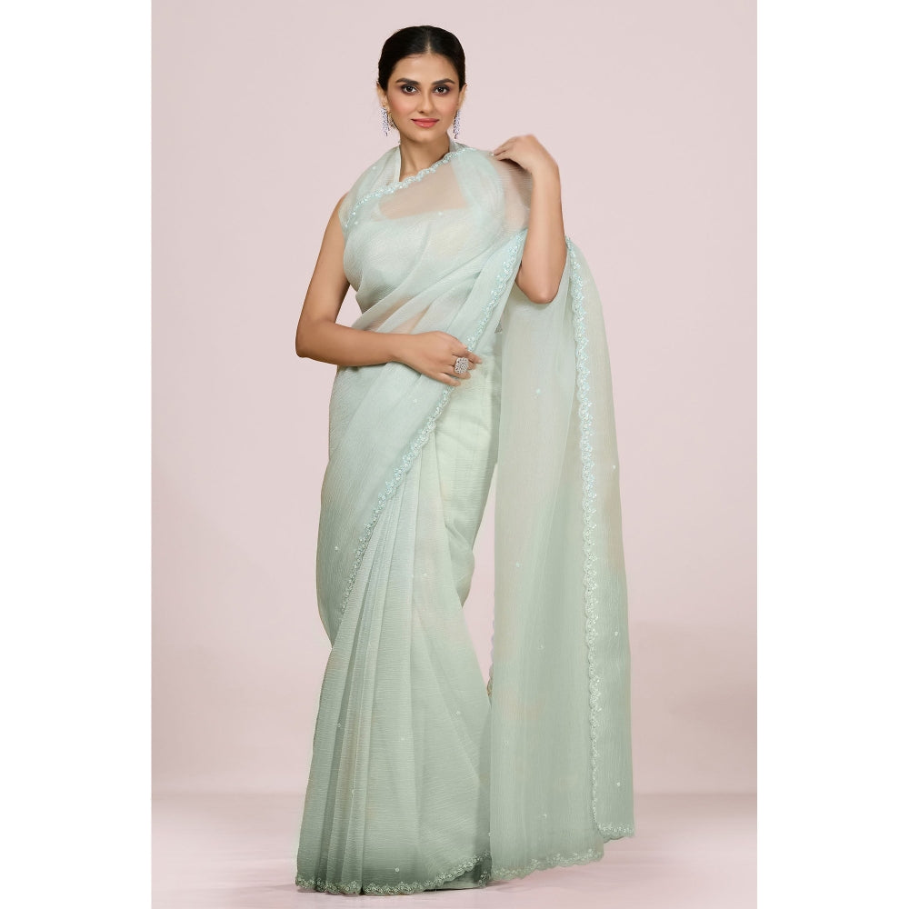 Aparnaa Pastel Blue Foil Crush Handwork Saree and Unstitched Blouse