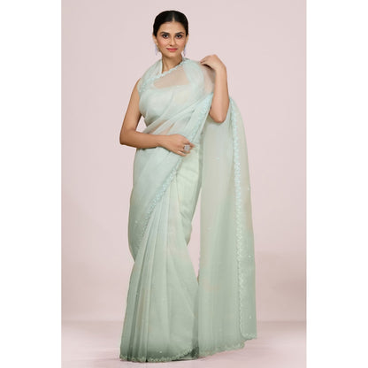 Aparnaa Pastel Blue Foil Crush Handwork Saree and Unstitched Blouse