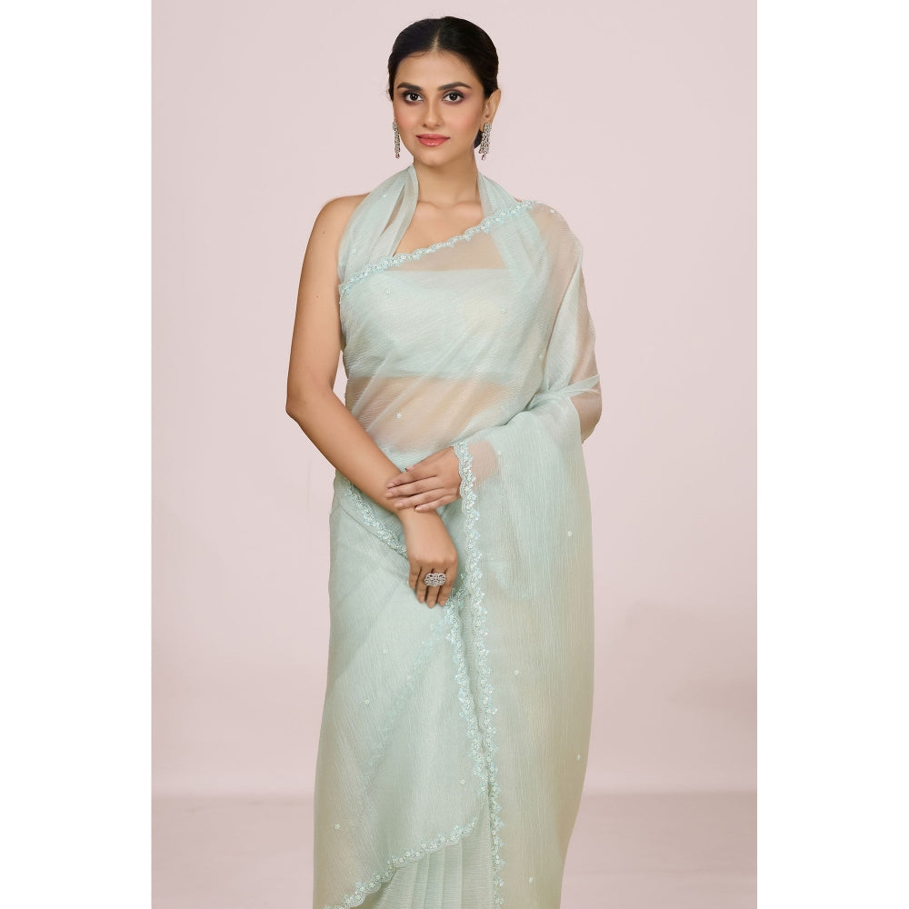 Aparnaa Pastel Blue Foil Crush Handwork Saree and Unstitched Blouse