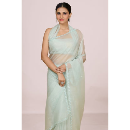 Aparnaa Pastel Blue Foil Crush Handwork Saree and Unstitched Blouse