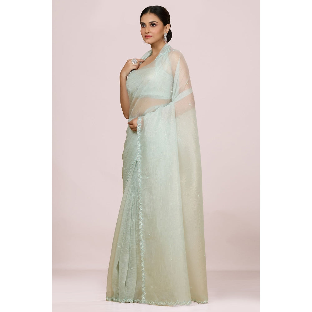 Aparnaa Pastel Blue Foil Crush Handwork Saree and Unstitched Blouse