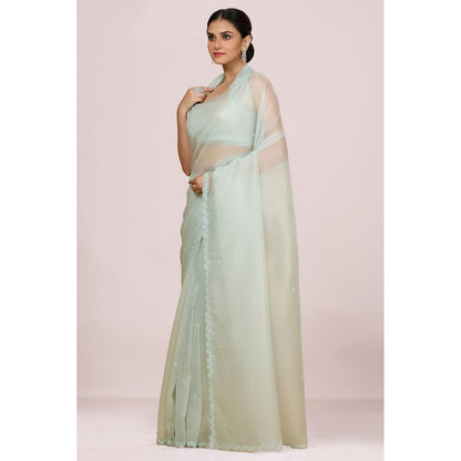 Aparnaa Pastel Blue Foil Crush Handwork Saree and Unstitched Blouse