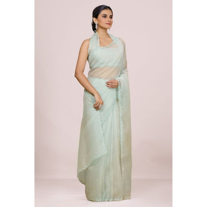 Aparnaa Pastel Blue Foil Crush Handwork Saree and Unstitched Blouse