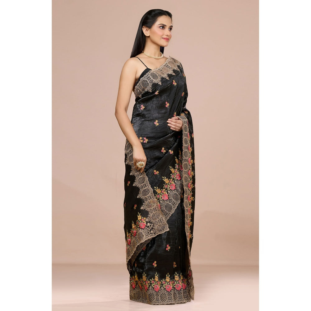 Aparnaa Black Fancy Crush Multicolor Floral Embroidered and Unstitched Blouse