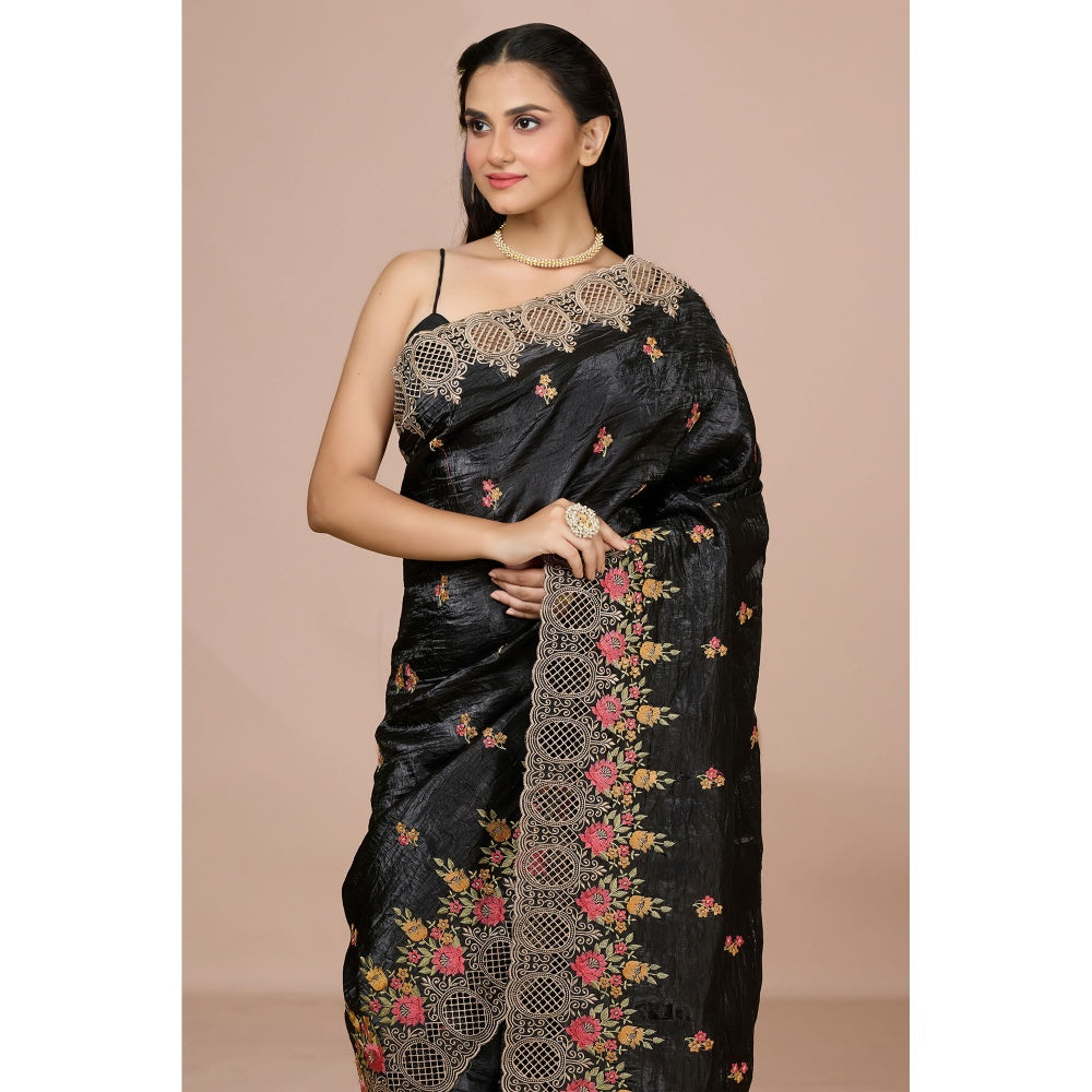 Aparnaa Black Fancy Crush Multicolor Floral Embroidered and Unstitched Blouse