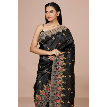Aparnaa Black Fancy Crush Multicolor Floral Embroidered and Unstitched Blouse
