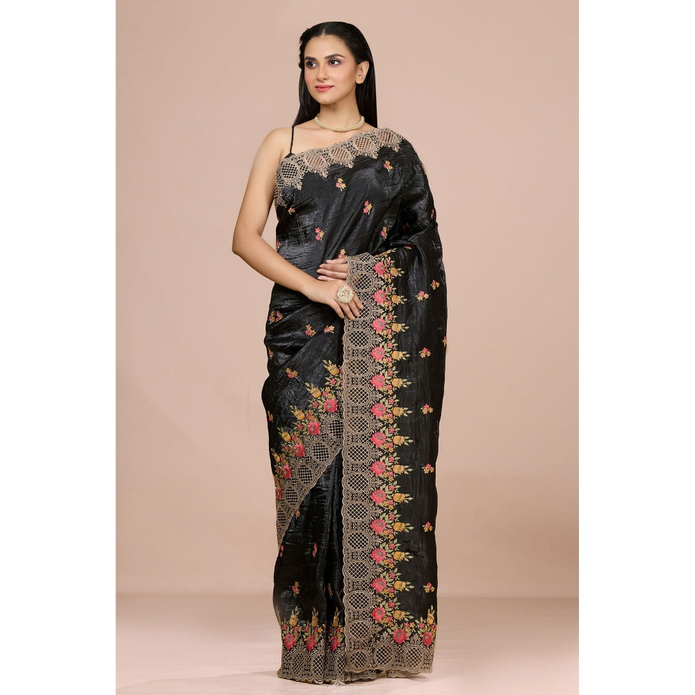 Aparnaa Black Fancy Crush Multicolor Floral Embroidered and Unstitched Blouse