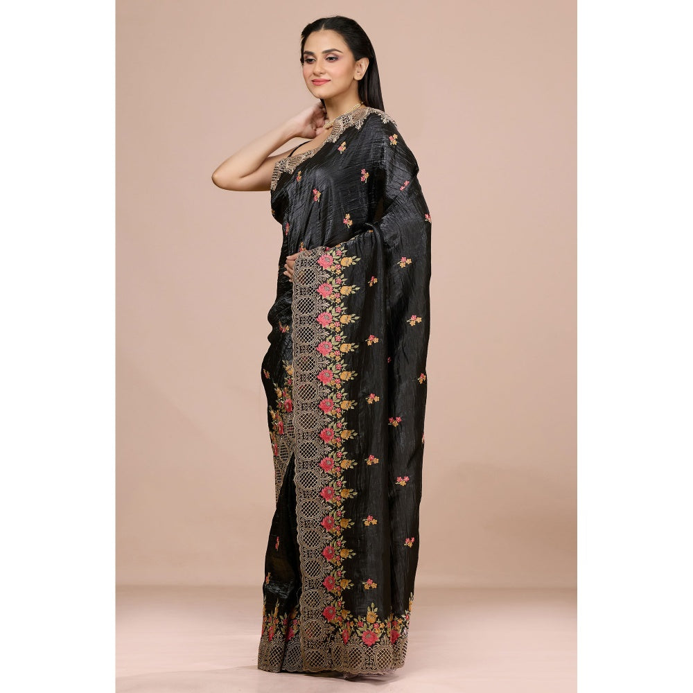 Aparnaa Black Fancy Crush Multicolor Floral Embroidered and Unstitched Blouse