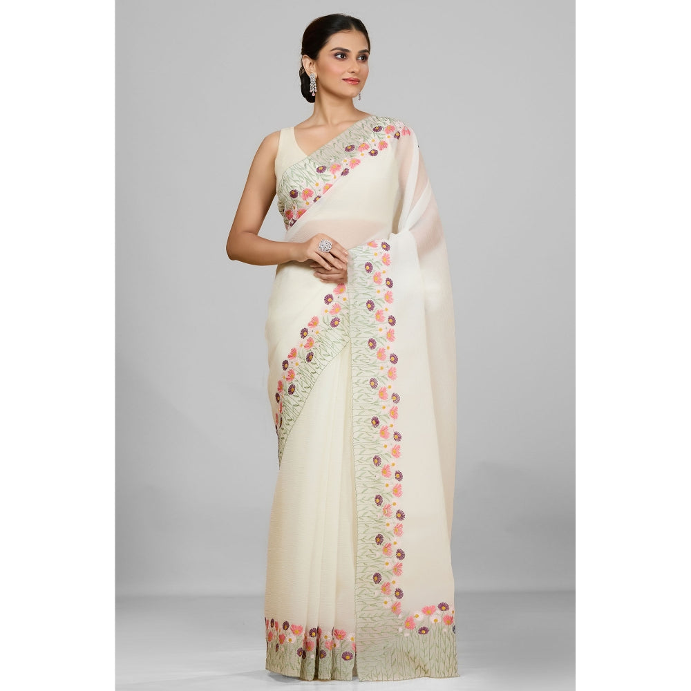 Aparnaa White Crush Floral Embroidered and Unstitched Blouse