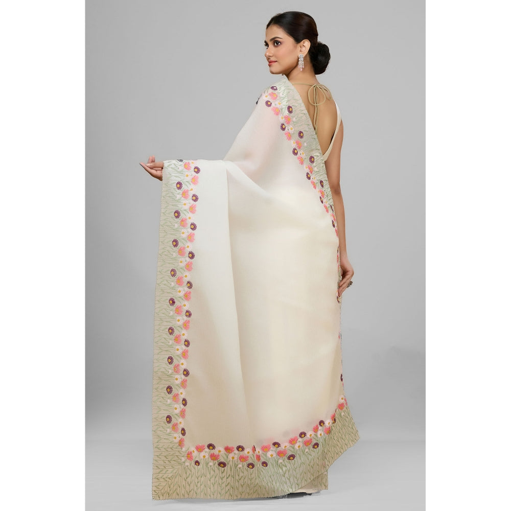 Aparnaa White Crush Floral Embroidered and Unstitched Blouse