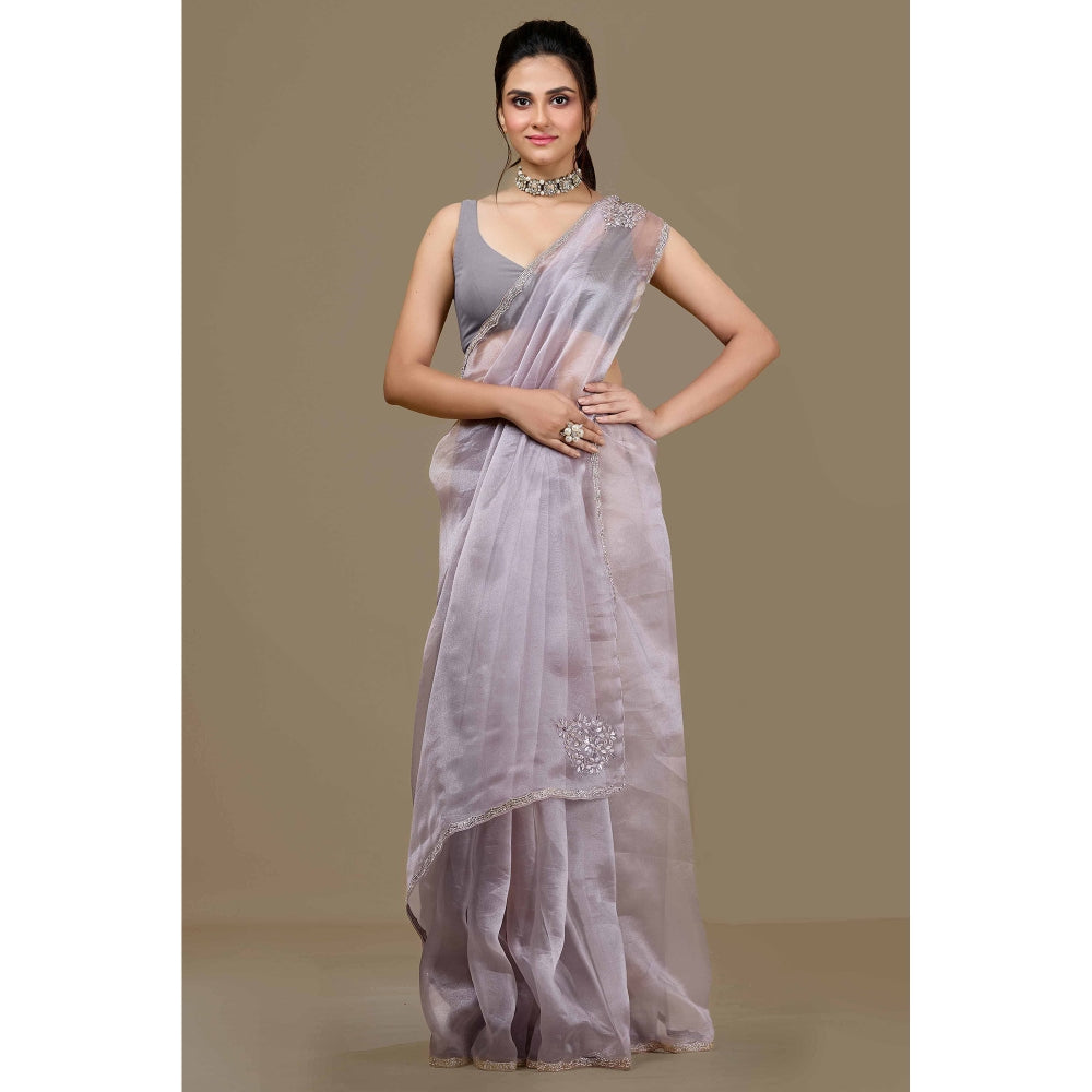Aparnaa Lavender Paper Silk Handwork Border Saree and Unstitched Blouse