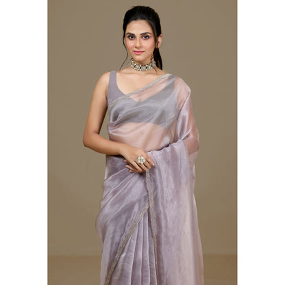 Aparnaa Lavender Paper Silk Handwork Border Saree and Unstitched Blouse