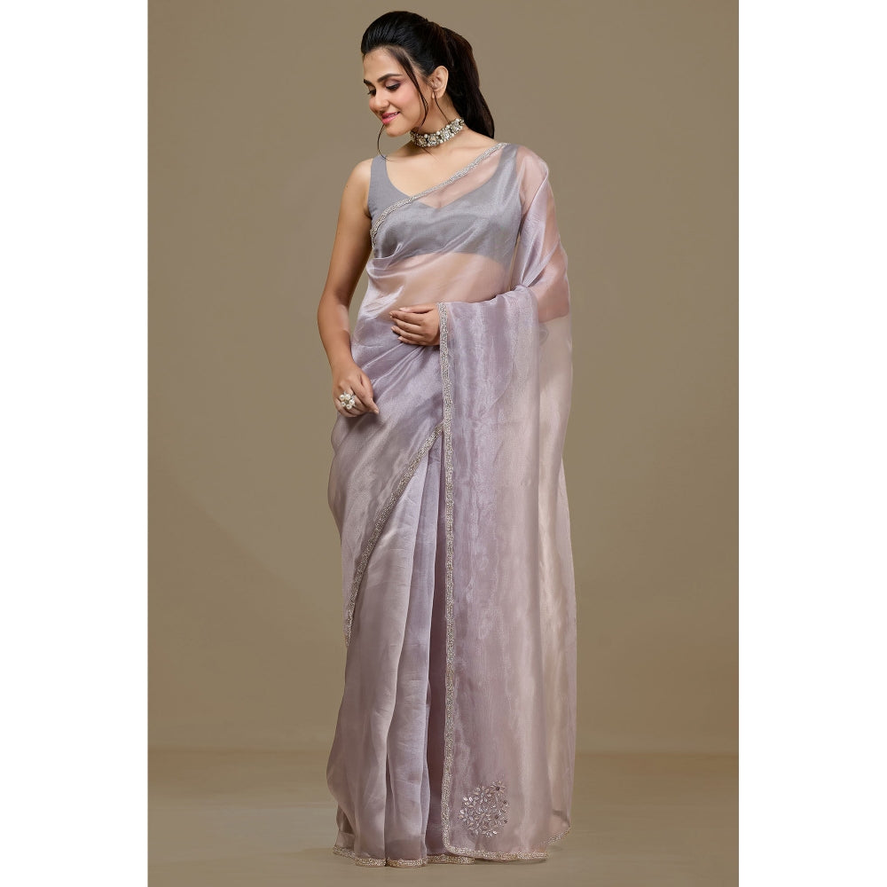 Aparnaa Lavender Paper Silk Handwork Border Saree and Unstitched Blouse