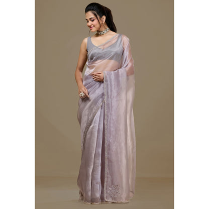 Aparnaa Lavender Paper Silk Handwork Border Saree and Unstitched Blouse