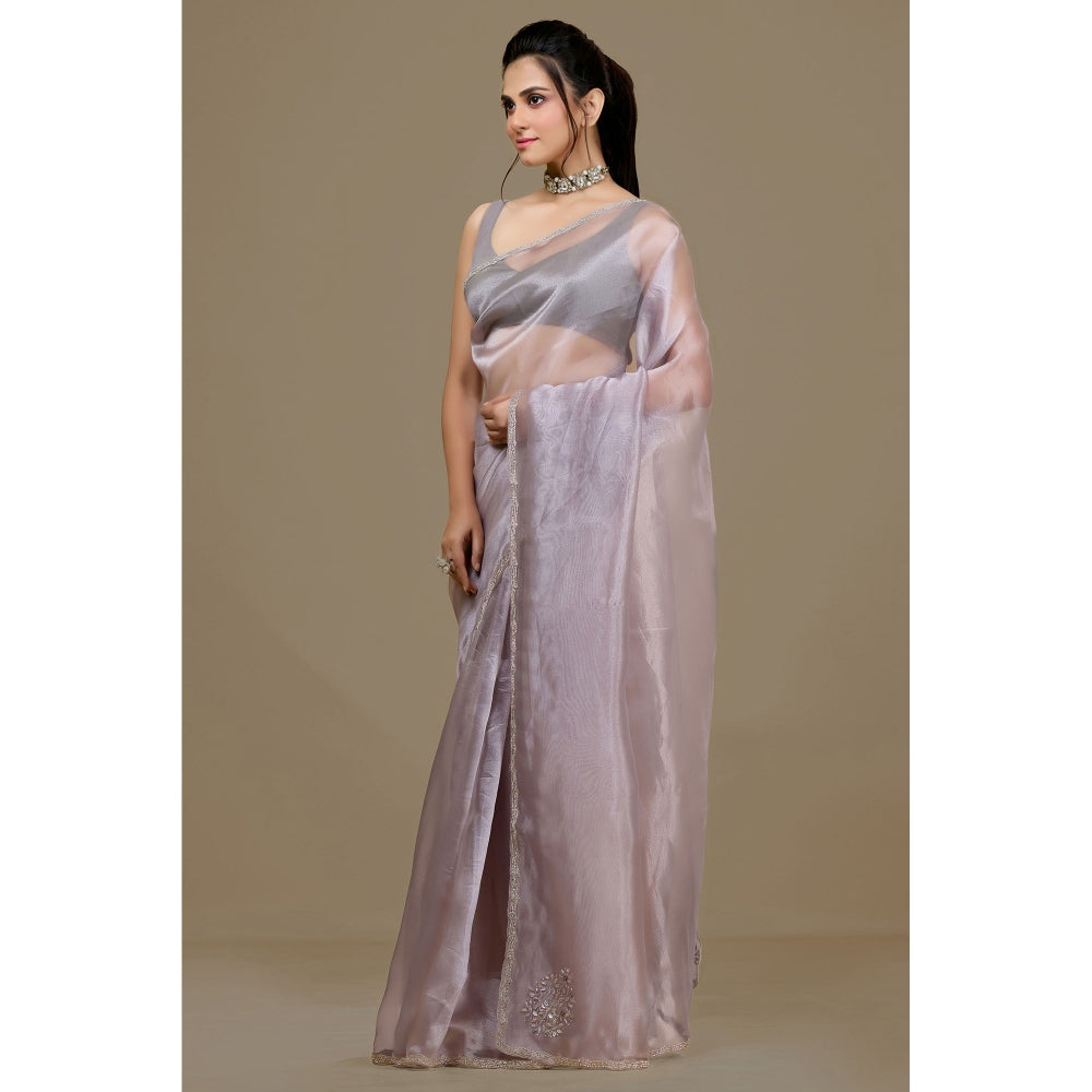 Aparnaa Lavender Paper Silk Handwork Border Saree and Unstitched Blouse