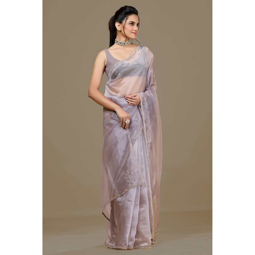 Aparnaa Lavender Paper Silk Handwork Border Saree and Unstitched Blouse