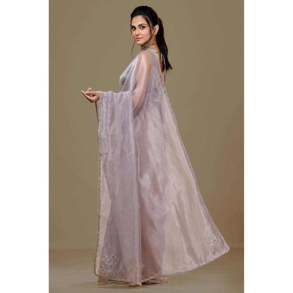 Aparnaa Lavender Paper Silk Handwork Border Saree and Unstitched Blouse