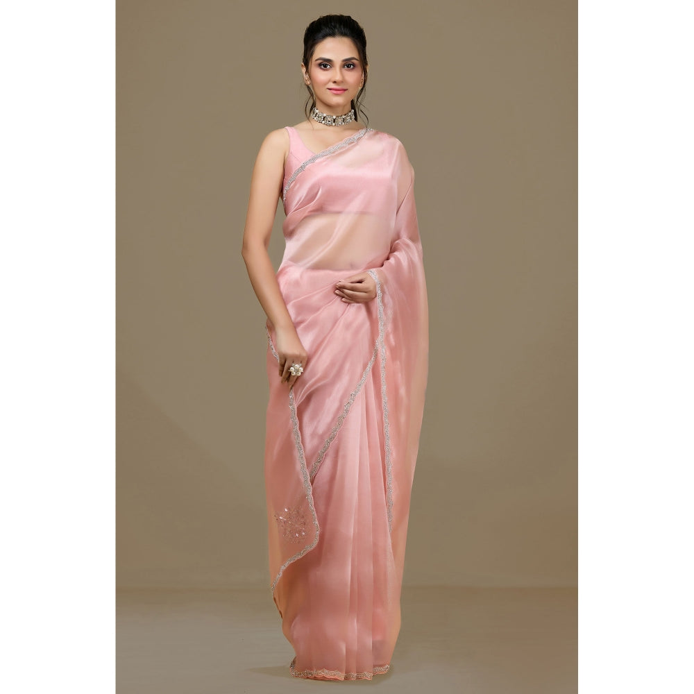 Aparnaa Pink Paper Silk Handwork Border Saree and Unstitched Blouse