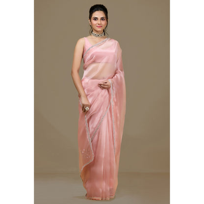Aparnaa Pink Paper Silk Handwork Border Saree and Unstitched Blouse