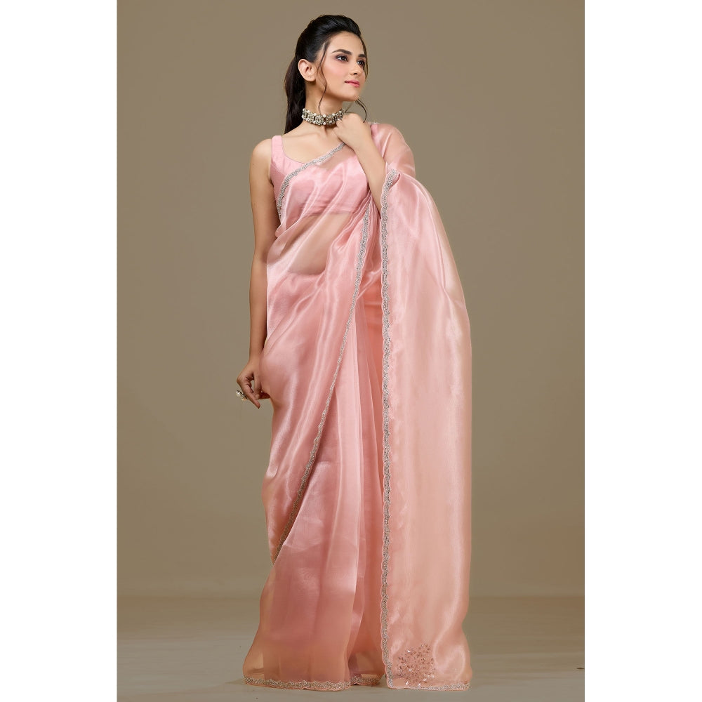 Aparnaa Pink Paper Silk Handwork Border Saree and Unstitched Blouse