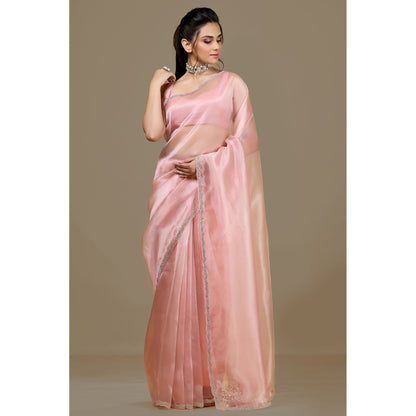 Aparnaa Pink Paper Silk Handwork Border Saree and Unstitched Blouse