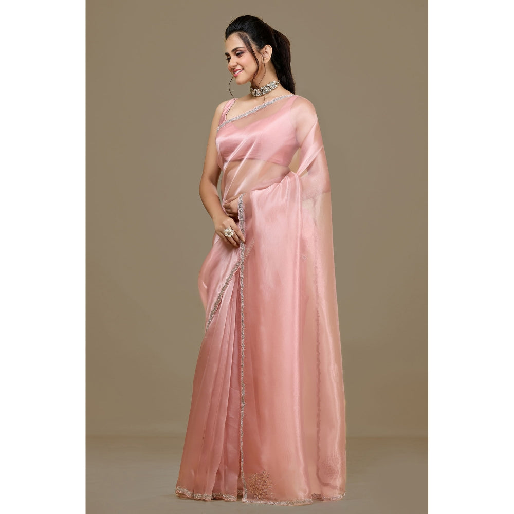 Aparnaa Pink Paper Silk Handwork Border Saree and Unstitched Blouse