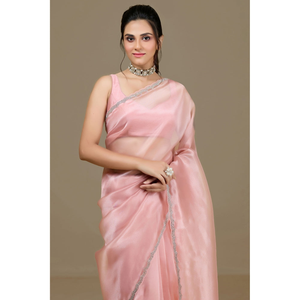 Aparnaa Pink Paper Silk Handwork Border Saree and Unstitched Blouse
