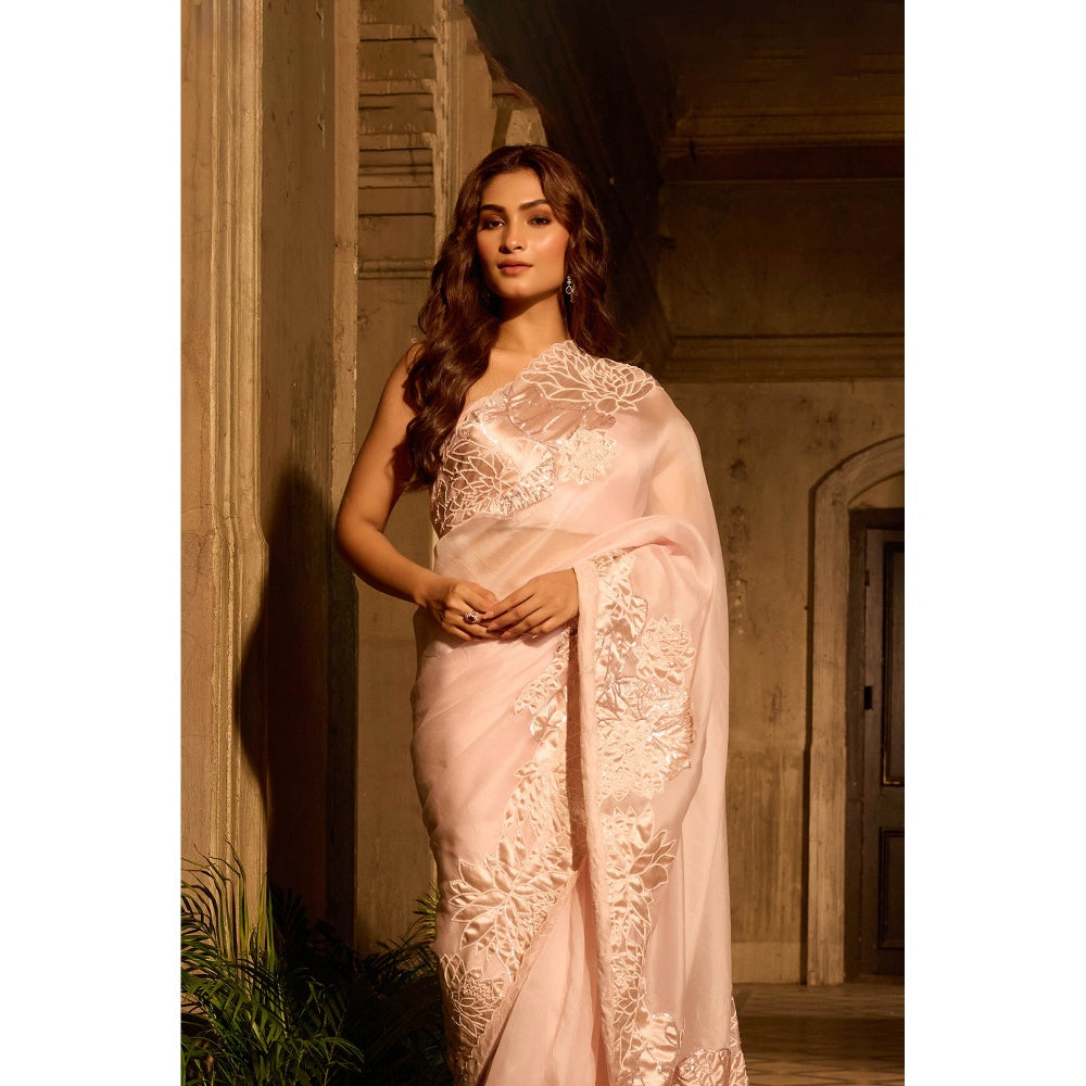 Aparnaa Pure Organza Saree with Unstitched Blouse Lotus Applique Work - Pink