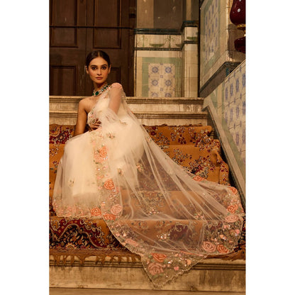 Aparnaa Designer Net Saree with Unstitched Blouse Sequins Cut Dana Work - Pink