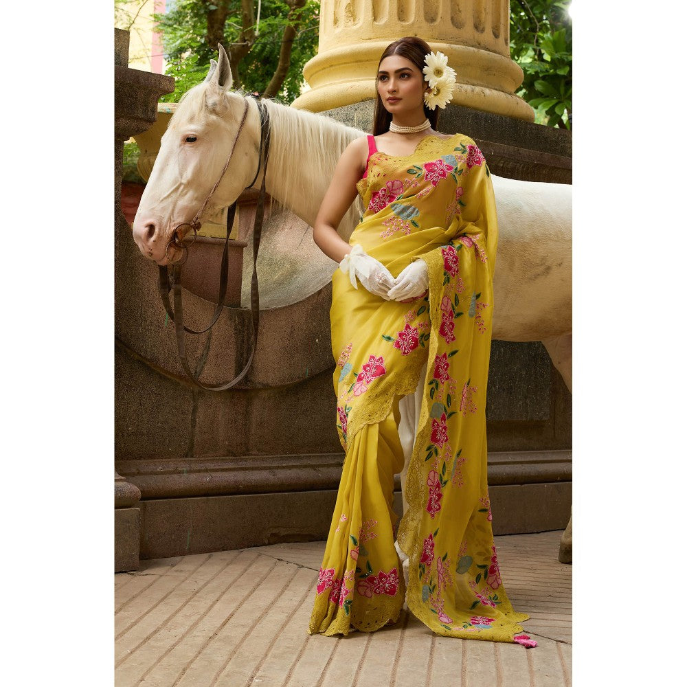 Aparnaa Mustard Yellow Tissue Saree with Unstitched Blouse Hand Embroidery