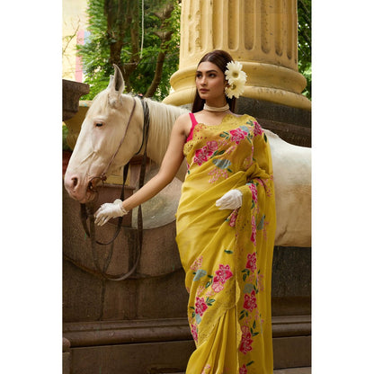 Aparnaa Mustard Yellow Tissue Saree with Unstitched Blouse Hand Embroidery