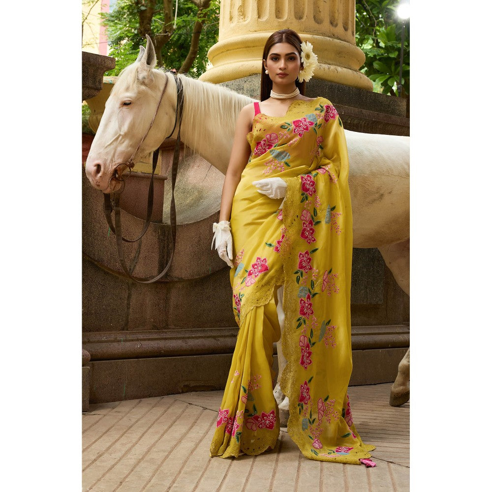 Aparnaa Mustard Yellow Tissue Saree with Unstitched Blouse Hand Embroidery