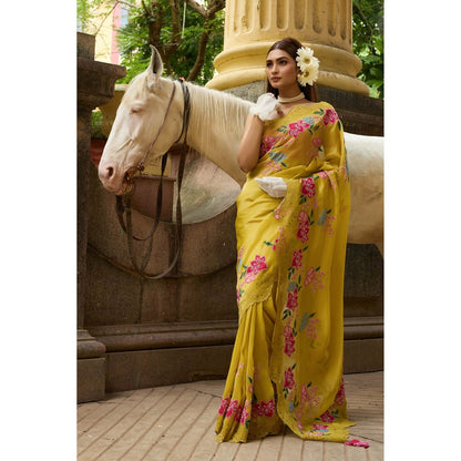 Aparnaa Mustard Yellow Tissue Saree with Unstitched Blouse Hand Embroidery