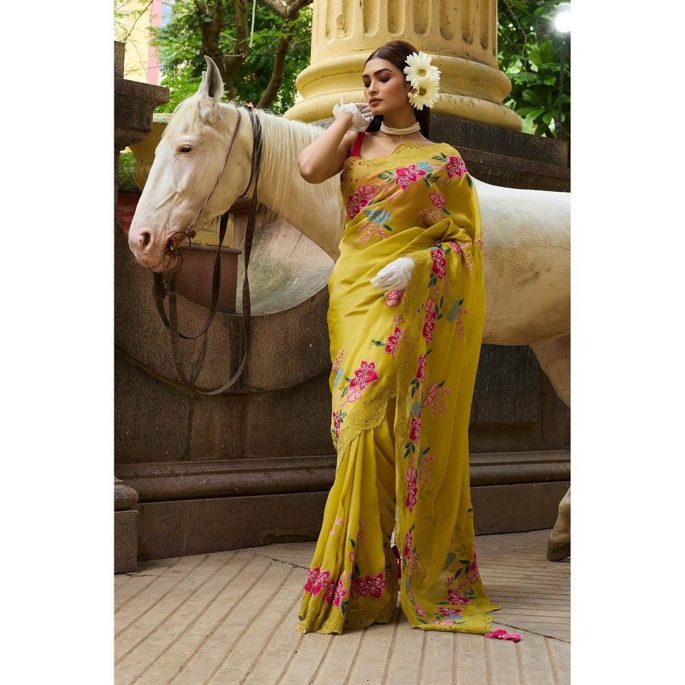 Aparnaa Mustard Yellow Tissue Saree with Unstitched Blouse Hand Embroidery